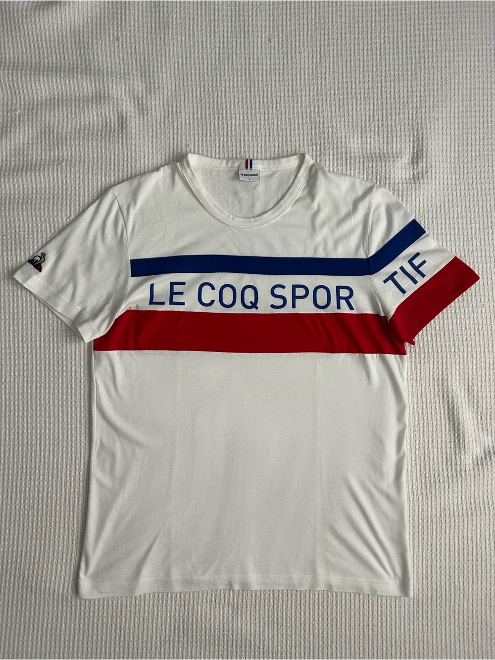 Le Coq Sportif White Tee with Blue and Red Stripes